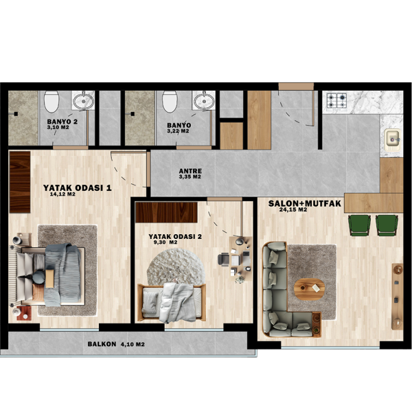 65m2 amerikan mutfak