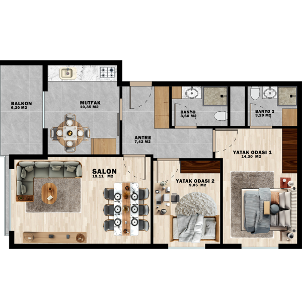 75m2 bağımsız mutfak